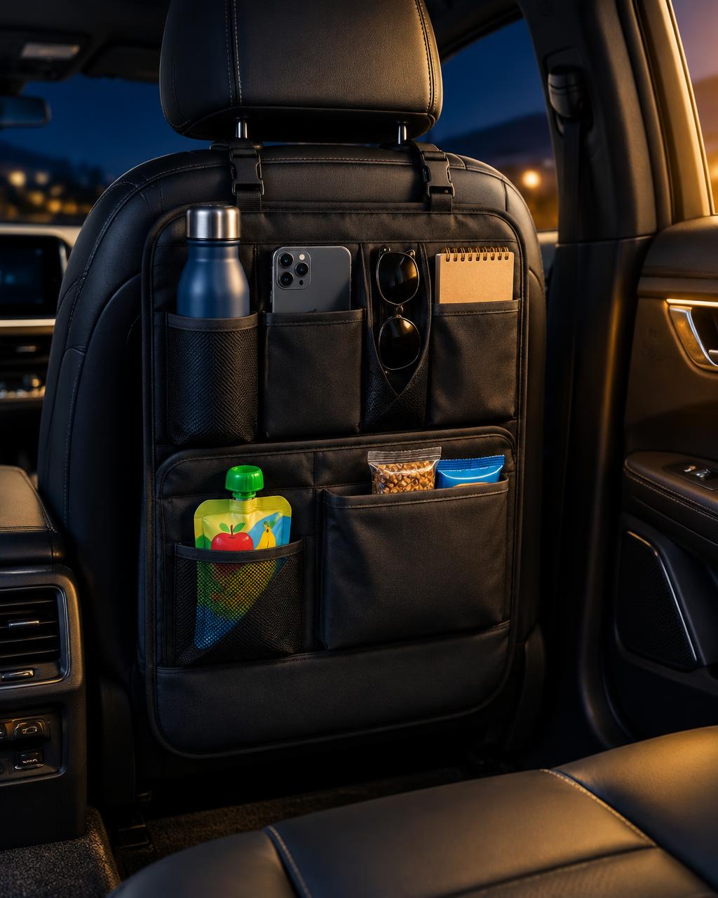 Organisateur de siège arrière rempli : bouteille, téléphone, lunettes et carnet bien rangés